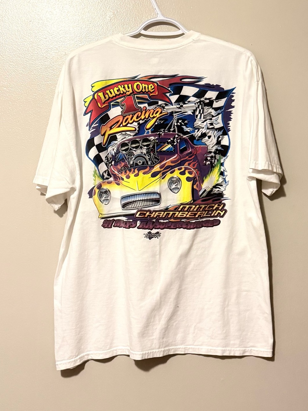 Hanes White Racing Graphic Tee with Yellow & Red Flame Car